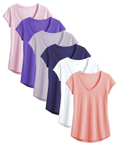 Damen-T-Shirts mit V-Ausschnitt, kurzärmeliges Oberteil, fließender Slub-Burnout-Stoff, aktives lässiges Workout, mehrere Packungen, Farben, 6 Stück, Pfirsichknospe, Orchidee, Australien, Violett, von Sexy Basics