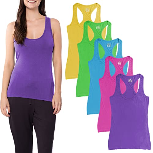 Sexy Basics Damen 5er-Pack Racerback PowerFlex Tank Tops/Baumwolle – Spandex Stretch Farbe Tank Tops, 5er-Pack – Neonfarben, X-Groß von Sexy Basics