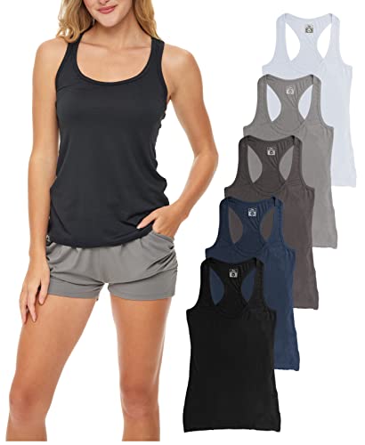 Sexy Basics Damen 5er-Pack Racerback Workout Tank Tops | Buttery Soft Color Spandex Flex Tanks, 5er-Pack - Schwarz, Marineblau, Anthrazit, Grau, Weiß, Groß von Sexy Basics