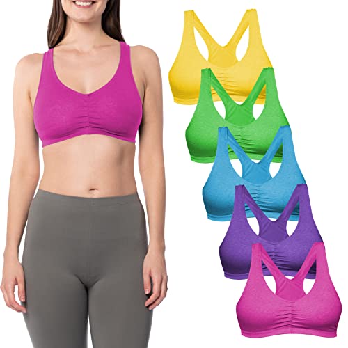 Sexy Basics Damen Baumwolle Spandex Racer Back BH | 4-Wege-Stretch Pullover Workout Sport BH (Multipack), 5er-Pack - Neonfarben, Large von Sexy Basics