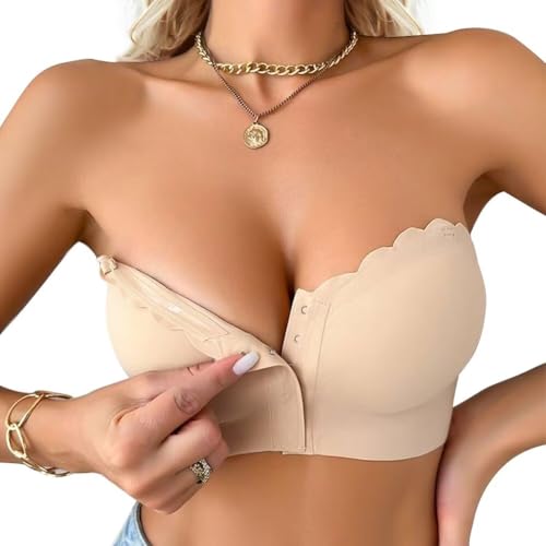 Damen Trägerloser BH mit transparenten Trägern Front Buckle Push Up BH Nahtloser Bandeau BH mit Rutschfestem Innenfutter Tube Top(D474SJ,Beige,M) von Sexy Code 1701