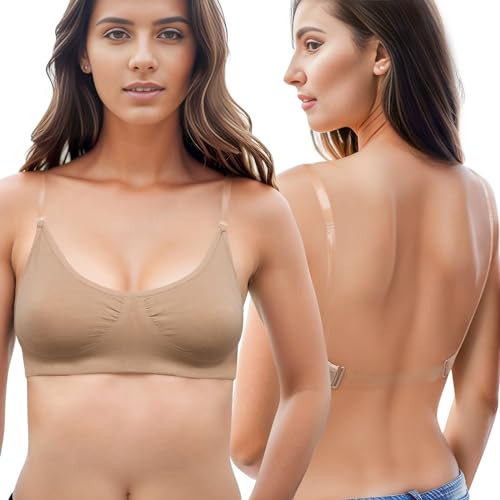 Sexy Code 1701 BH mit durchsichtiger Rückseite, BHs mit transparenten Trägern, Baumwolle, Tanzsport, Bralette für Mädchen und Frauen, Beige, Medium von Sexy Code 1701