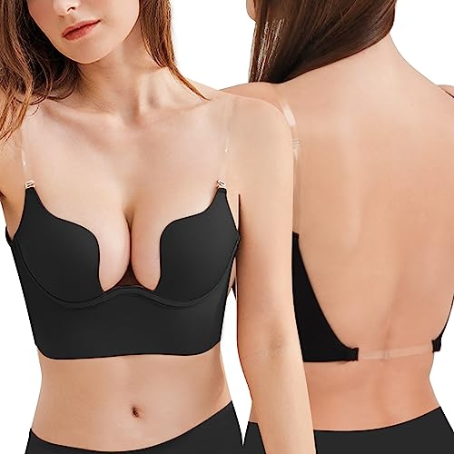 Sexy Code 1701 BH mit niedrigem Rücken für Damen, tiefer Push-Up-BH mit transparenten Trägern, tiefer V-Schnitt, wandelbarer Bügel, gepolsterter BH, Rückenfrei schwarz, 85B von Sexy Code 1701