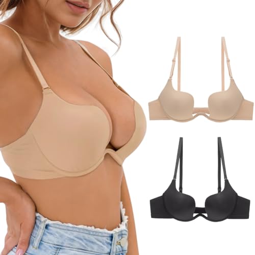 Sexy Code 1701 Damen Push-Up-BH mit transparenten Trägern, tief ausgeschnittener, wandelbarer Bügel, gepolsterter Dekolleté-BH, Schwarz-Beige, 70A von Sexy Code 1701