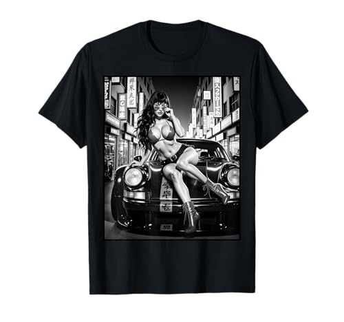 Sexy Mädchen-T-Shirt mit Grafik — sexy brünettes Model und exotisches Auto in S/W T-Shirt von Sexy Girl on T-shirt for Men by NSPART