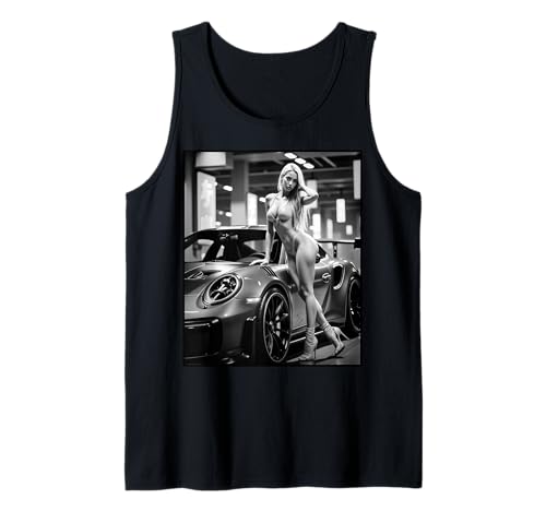 T-Shirt mit Aufdruck für sexy Mädchen — Sexy Blondes Mädchen und exotisches Auto B & W Tank Top von Sexy Girl on T-shirt for Men by NSPART