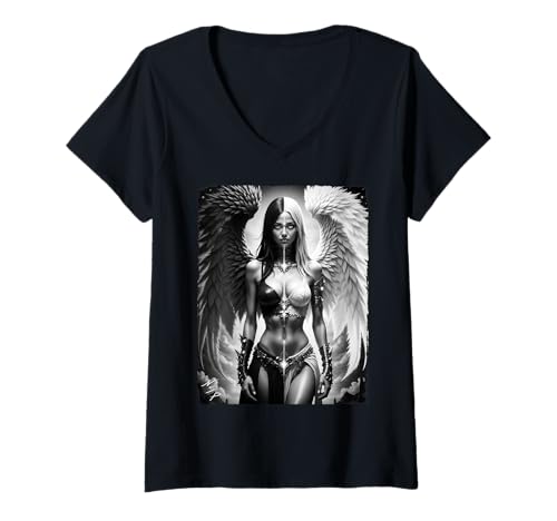 Damen Sexy Frau auf T-Shirt – Schöner halber Engel – Halber Teufel BW T-Shirt mit V-Ausschnitt von Sexy Women on T-Shirts by NSPART