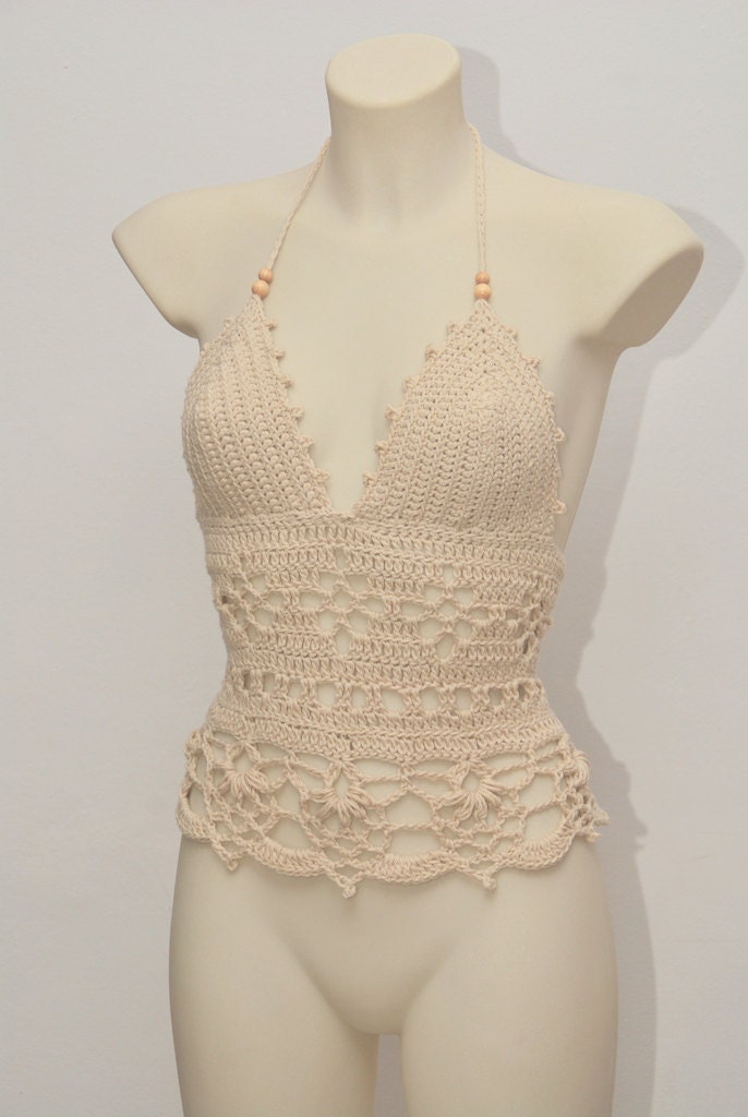 Gehäkeltes Neckholder Top - Beiges Retro Hippie Tank von SexyCrochetDesign