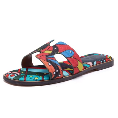 Sexynite Flache Damen-Sandalen aus Leder, breite Breite, 2025, Sommermode, bequem, Memory-Schaum, Slides für Damenschuhe, Regenbogenblau, 41.5 EU von Sexynite