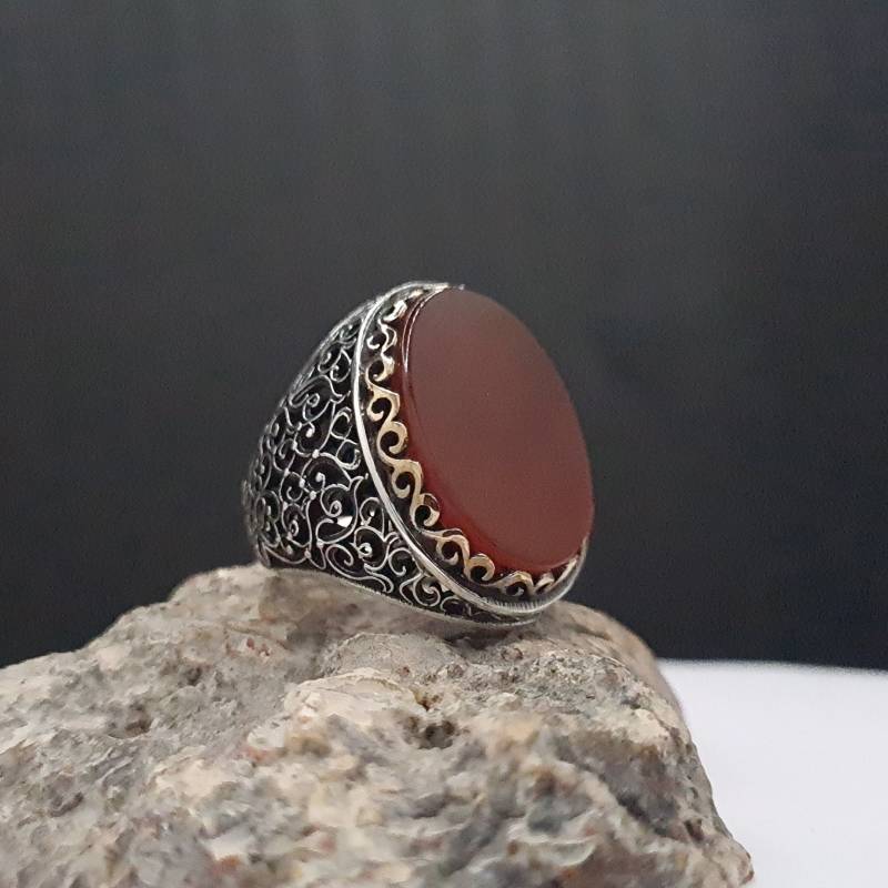 Achat Edelstein Silber Ring, Aqeeq Ring Für Männer, Sterling Handgefertigter Großer Ovaler Efeu Muster Geschenk Ihn von SeymenJewelry