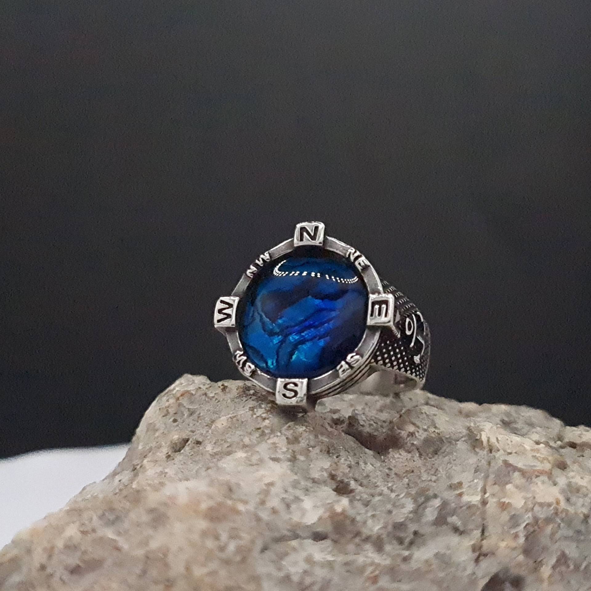 Handgemachter Ozean Perlmutt Edelstein Kompass Modell Silber Männer Ring, Handgemachter Schmuck, Geburtstagsgeschenk Für Ihn von SeymenJewelry