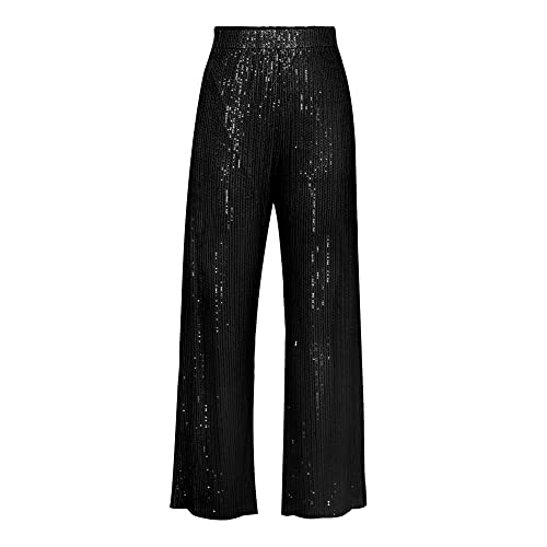 Frauen Sparkle Outfits Pailletten Langarm Bluse Shirt Top Glitzer Lange Lose Hosen Bling Party Clubwear Streetwear, Schwarze Hose, Groß von Seyumixi