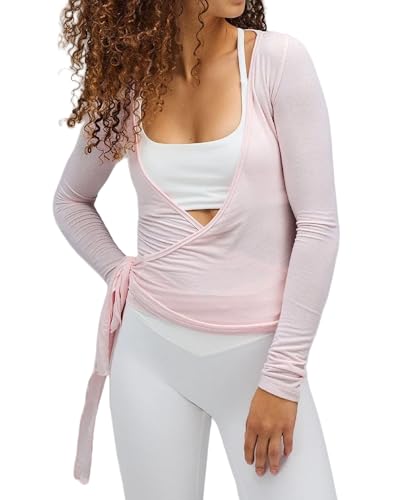 Seyumixi Damen Y2k Ballett-Wickel-Top mit Kreuzschnürung, langärmelig, V-Ausschnitt, schmale Passform, Yoga-Workout-Bluse, Pink, Mittel von Seyumixi