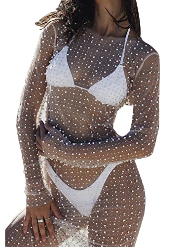 Damen Perlen Strass Cover Up Kleid Durchsichtig Durchsichtig Lange Maxi Kleider Strand Bademode Bikini Cover Ups, aprikose, Large von Seyurigaoka