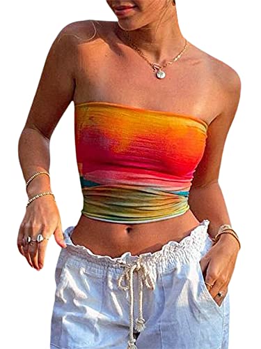 Damen Y2K Trägerloses Schlauch-Top mit Blumenmuster, schulterfrei, rückenfrei, Bandeau-Tanktop, Batikfärbung, ästhetisches bauchfreies Korsett, Orange/Abendrot im Zickzackmuster (Sunset Chevron), von Seyurigaoka