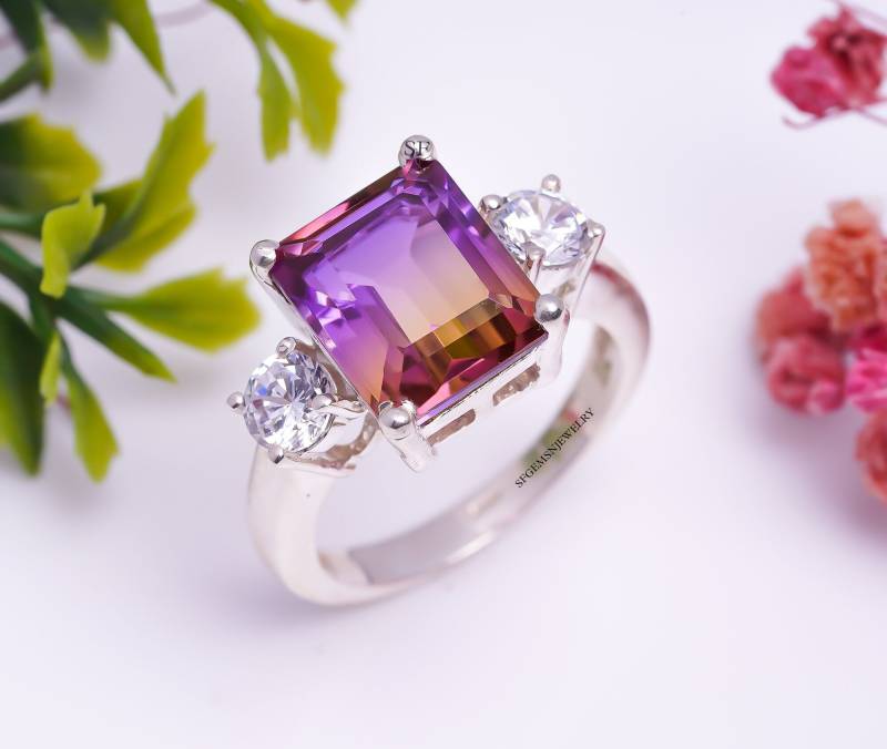 Smaragdschliff Ametrin Ring Echte Bio Farbe Achteckform Schnittstein Frauen Schmuck von SfGemsNJewelry