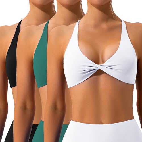 Sfit 3er Pack Sport BH Rückenfrei Damen Cross Back Bustier Gepolstert Ohne Bügel Spaghettiträger Twist V Ausschnitt Vorne Push up BH Sport Bra Crop Top für Yoga Fitness(Schwarz+Weiß+Grün,M) von Sfit