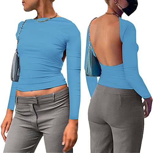 Sfit Backless Top Damen Y2K Rückenfreies Top Sexy Slim Fit Backless Shirt Langarm Cropped Oberteil Front Back Reversible Tops Cut Out Shirts Streetwear(Blau,S) von Sfit