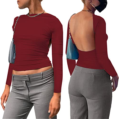 Sfit Backless Top Damen Y2K Rückenfreies Top Sexy Slim Fit Backless Shirt Langarm Cropped Oberteil Front Back Reversible Tops Cut Out Shirts Streetwear(Rot,M) von Sfit