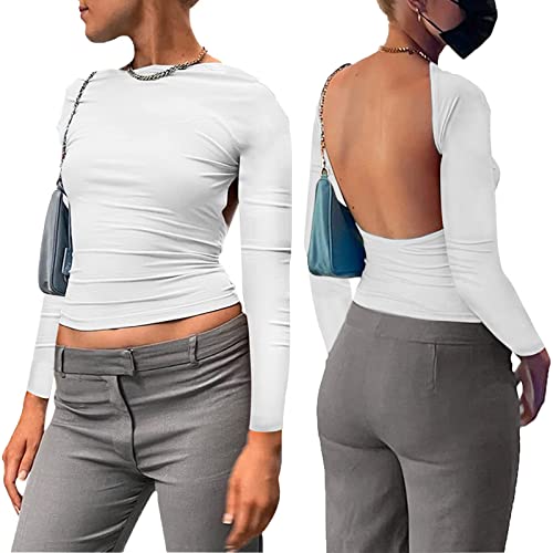 Sfit Backless Top Damen Y2K Rückenfreies Top Sexy Slim Fit Backless Shirt Langarm Cropped Oberteil Front Back Reversible Tops Cut Out Shirts Streetwear(Weiß,M) von Sfit