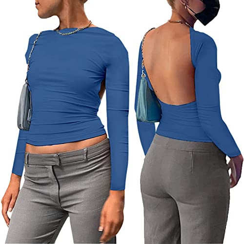 Sfit Backless Top Damen Y2K Rückenfreies Top Sexy Slim Fit Backless Shirt Langarm Cropped Oberteil Front Back Reversible Tops Cut Out Shirts Streetwear(Dunkelblau,S) von Sfit