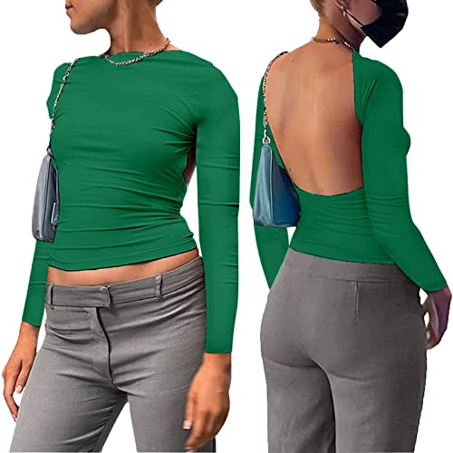 Sfit Backless Top Damen Y2K Rückenfreies Top Sexy Slim Fit Backless Shirt Langarm Cropped Oberteil Front Back Reversible Tops Cut Out Shirts Streetwear(Dunkelgrün,M) von Sfit