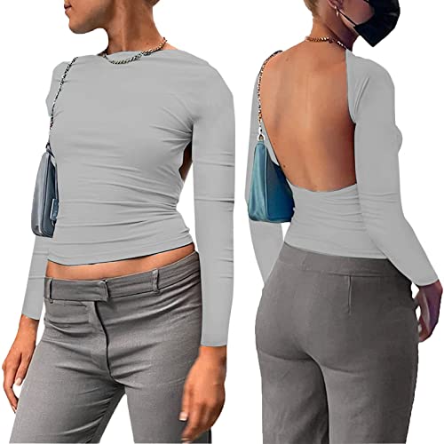 Sfit Backless Top Damen Y2K Rückenfreies Top Sexy Slim Fit Backless Shirt Langarm Cropped Oberteil Front Back Reversible Tops Cut Out Shirts Streetwear(Grau,XS) von Sfit