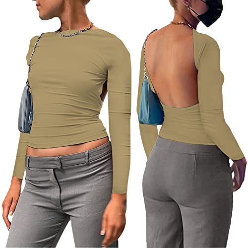 Sfit Backless Top Damen Y2K Rückenfreies Top Sexy Slim Fit Backless Shirt Langarm Cropped Oberteil Front Back Reversible Tops Cut Out Shirts Streetwear(Khaki,S) von Sfit