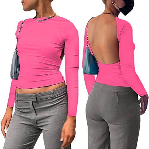 Sfit Backless Top Damen Y2K Rückenfreies Top Sexy Slim Fit Backless Shirt Langarm Cropped Oberteil Front Back Reversible Tops Cut Out Shirts Streetwear(Rosarot,M) von Sfit