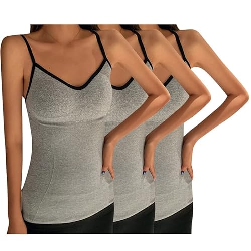 Sfit Damen 3er Pack Thermo Unterhemden Basic Spaghettiträger Top mit Innenfleece BH Hemd Gefüttert Thermounterwäsche Strap Cami Camisole Tank Top Herbst Winter(3 Stück Grau) von Sfit