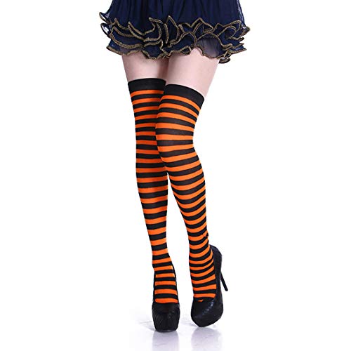 Sfit Damen Gestreifte Socken Lang Overknee Strümpfe Sportsocken Kniestrümpfe Strumpfhose mit Streifen Baumwolle Strumpf Nahtloser Zeh,Orange + Schwarz,Einheitsgröße von Sfit