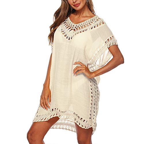 Sfit Damen Kurz Strandkleid Locker Elegant Mini Sommerkleider Gestrickt Strandponcho Bademode Einfarbig Bikinikleid Beachwear Strandtunika Cover-Ups V-Ausschnitt(Beige,one Size) von Sfit