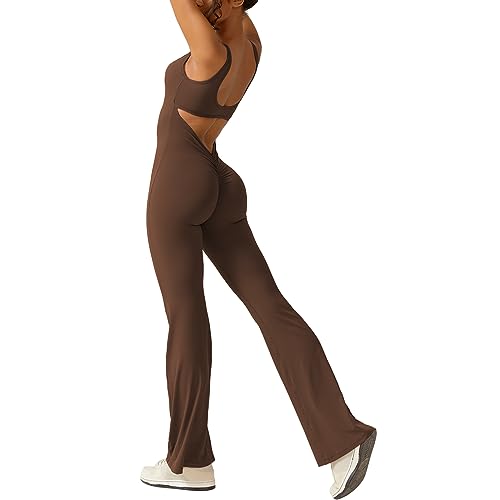 Sfit Damen Lang Jumpsuit Overall One Piece Bodycon Sport Hosenanzug Rückenfrei Playsuit Elegant Romper Breite Weites Bein Overall Ärmellos Eng Yoga Einteiler,Kaffee,S von Sfit