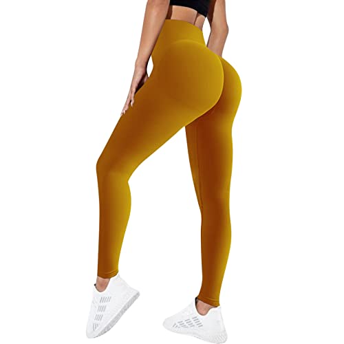 Sfit Damen Scrunch Butt Leggings High Waist Push Up Boom Booty Leggings Blickdicht Slim Fit Nahtlos Fitnesshose Sport Leggings Workout Yoga Sporthose(Gelb,XL) von Sfit