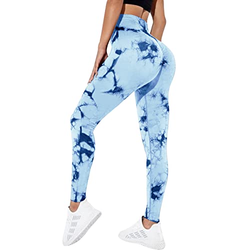 Sfit Damen Scrunch Butt Leggings High Waist Push Up Boom Booty Leggings Blickdicht Slim Fit Nahtlos Fitnesshose Sport Leggings Workout Yoga Sporthose(Tie-Dye Hellblau,M) von Sfit