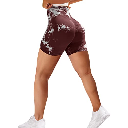 Sfit Damen Scrunch Butt Sport Shorts High Waisted Kurze Leggings Sporthose Push Up Boom Booty Nahtlose Biker Gym Shorts für Sport Yoga Fitness Radfahren Workout(Tiedye-Braunrot,S) von Sfit