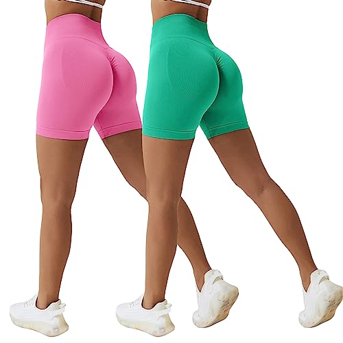 Sfit Damen Scrunch Butt Sport Shorts Kurze Leggings Push Up High Waist Boom Booty Nahtlos Biker Tights Gym Shorts Blickdicht Sporthose für Sommer Workout Gym Yoga Fitness(Rosa+Grün,L) von Sfit