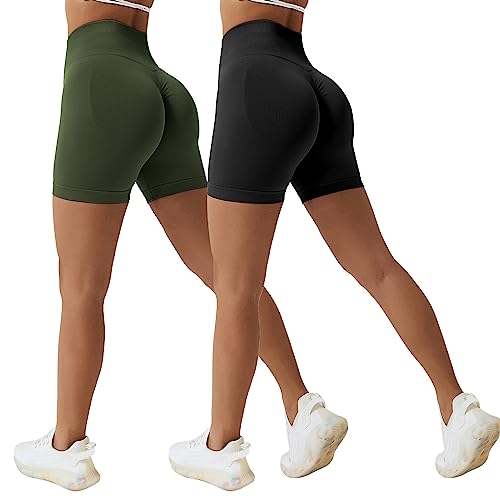 Sfit Damen Scrunch Butt Sport Shorts Kurze Leggings Push Up High Waist Boom Booty Nahtlos Biker Tights Gym Shorts Blickdicht Sporthose für Sommer Workout Gym Yoga Fitness(Schwarz+Armeegrün,L) von Sfit