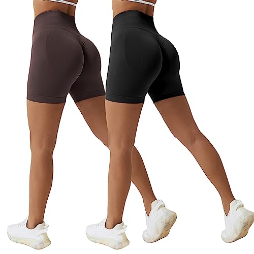 Sfit Damen Scrunch Butt Sport Shorts Kurze Leggings Push Up High Waist Boom Booty Nahtlos Biker Tights Gym Shorts Blickdicht Sporthose für Sommer Workout Gym Yoga Fitness(Schwarz+Dunkelbraun,L) von Sfit