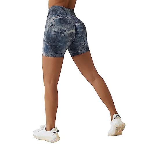 Sfit Damen Scrunch Butt Sport Shorts Kurze Leggings Push Up High Waist Boom Booty Nahtlos Biker Tights Gym Shorts Blickdicht Sporthose für Sommer Workout Gym Yoga Fitness(Tiedye-Blaugrau,L) von Sfit