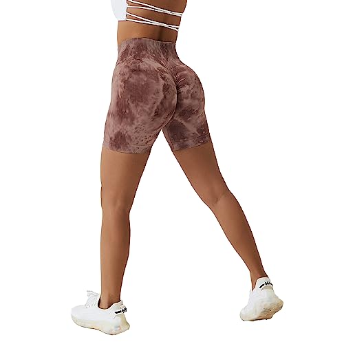 Sfit Damen Scrunch Butt Sport Shorts Kurze Leggings Push Up High Waist Boom Booty Nahtlos Biker Tights Gym Shorts Blickdicht Sporthose für Sommer Workout Gym Yoga Fitness(Tiedye-Braun,L) von Sfit