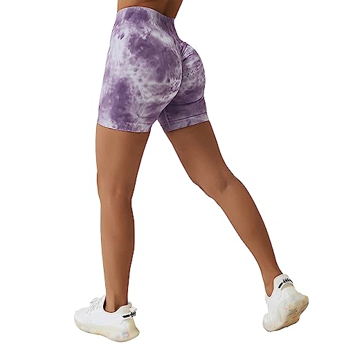 Sfit Damen Scrunch Butt Sport Shorts Kurze Leggings Push Up High Waist Boom Booty Nahtlos Biker Tights Gym Shorts Blickdicht Sporthose für Sommer Workout Gym Yoga Fitness(Tiedye-Violett,M) von Sfit