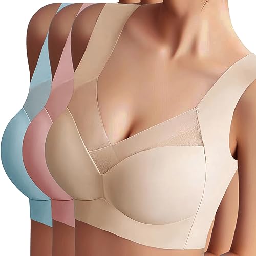 Sfit Damen Soft BH ohne Bügel Zero Feel Bralette Nahtloser BH Schlaf BH Ultra leicht Push-Up BH Gepolstert Bügelloser Bustier für Schlafen Yoga(Hellblau+Hautfarbe+Rosa,3XL) von Sfit