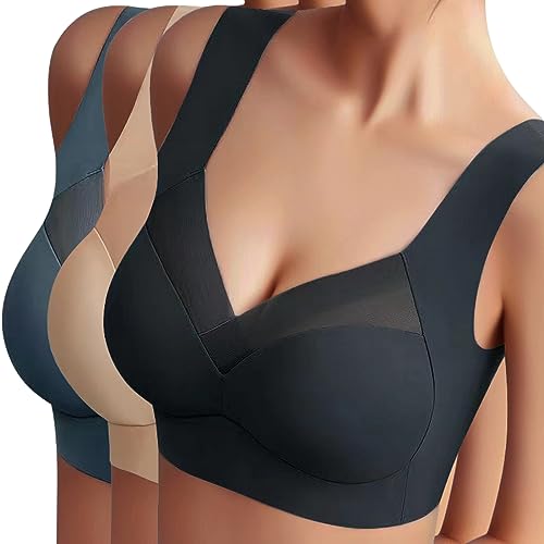 Sfit Damen Soft BH ohne Bügel Zero Feel Bralette Nahtloser BH Schlaf BH Ultra leicht Push-Up BH Gepolstert Bügelloser Bustier für Schlafen Yoga(Schwarz+Hautfarbe+Dunkelblau,XL) von Sfit