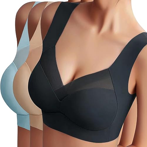 Sfit Damen Soft BH ohne Bügel Zero Feel Bralette Nahtloser BH Schlaf BH Ultra leicht Push-Up BH Gepolstert Bügelloser Bustier für Schlafen Yoga(Schwarz+Hautfarbe+Hellblau,3XL) von Sfit