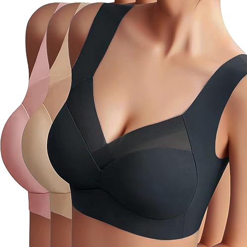 Sfit Damen Soft BH ohne Bügel Zero Feel Bralette Nahtloser BH Schlaf BH Ultra leicht Push-Up BH Gepolstert Bügelloser Bustier für Schlafen Yoga(Schwarz+Hautfarbe+Rosa,3XL) von Sfit