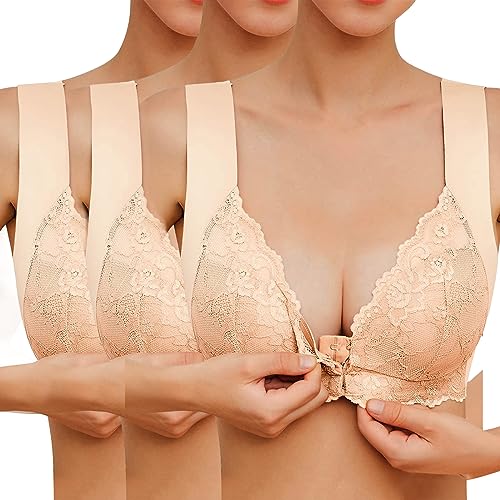 Sfit Damen Soft Spitzen BH ohne Bügel Vorderverschluss Gepolstert Bralette Nahtlose Bustier Push up Weicher Bügelloser Atmungsaktiver Bra Schlafen Yoga(Hautfarbe+Hautfarbe+Hautfarbe,EU 3XL/Tag 4XL) von Sfit