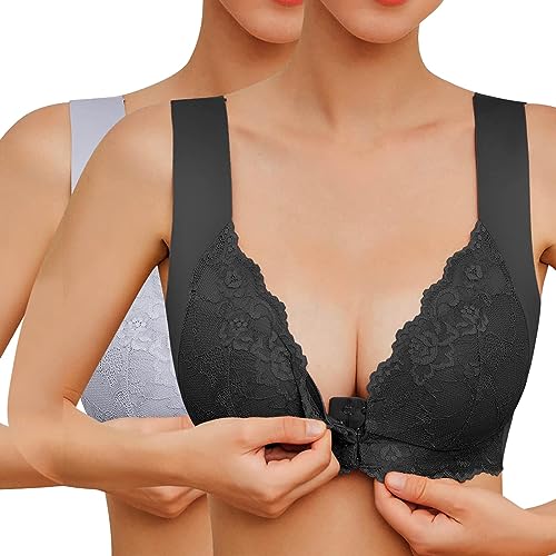 Sfit Damen Soft Spitzen BH ohne Bügel Vorderverschluss Gepolstert Bralette Nahtlose Bustier Push up Weicher Bügelloser Atmungsaktiver Bra Schlafen Yoga(Schwarz+Grau,EU 3XL/Tag 4XL) von Sfit