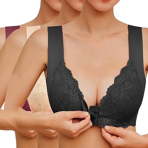 Sfit Damen Soft Spitzen BH ohne Bügel Vorderverschluss Gepolstert Bralette Nahtlose Bustier Push up Weicher Bügelloser Atmungsaktiver Bra Schlafen Yoga(Schwarz+Hautfarbe+Weinrot,EU 3XL/Tag 4XL) von Sfit