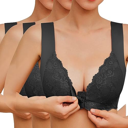 Sfit Damen Soft Spitzen BH ohne Bügel Vorderverschluss Gepolstert Bralette Nahtlose Bustier Push up Weicher Bügelloser Atmungsaktiver Bra Schlafen Yoga(Schwarz+Schwarz+Schwarz,EU 3XL/Tag 4XL) von Sfit